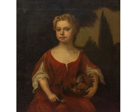 Style of Charles Jervas (Irish,1675-1739)An early 18th century Portrait of a young lady with basket of flowersoil on canvas, 