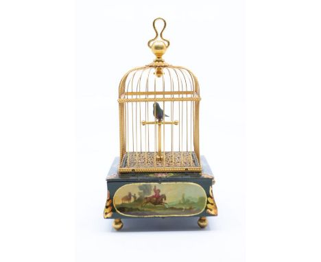 A good French miniature automata Singing Bird in a Cage, in original case. Single bird on 'T' perch in a fine gilded cage wit