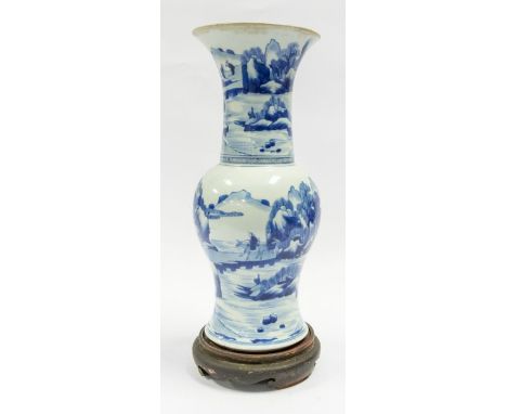 A Chinese blue and white porcelain landscape YenYen vase, Kangxi (1662-1722), painted with upper and lower register with a ma