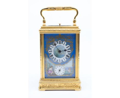 A good Drocourt French carriage clock with alarm on repeat in a case. It has a two-train spring movement chiming on a gong, s