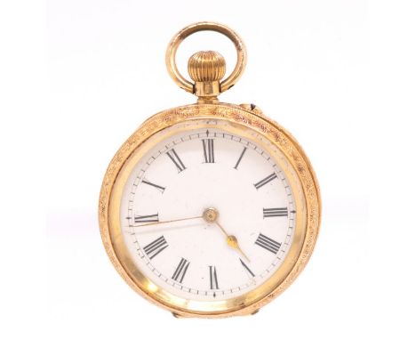 A late Victorian early Edwardian ladies open faced 18ct gold pocket watch, white enamel dial with numeral markers, case appro