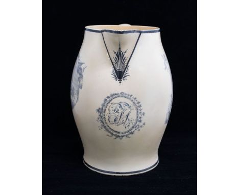 Lord Nelson: An early 19th Century creamware transfer printed commemorative jug, printed with oval portrait of Nelson titled: