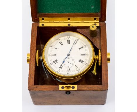 A small ship's deck chronometer/watch with 6cm silvered dial with Roman numerals, Arabic minutes and subsidiary seconds dial.