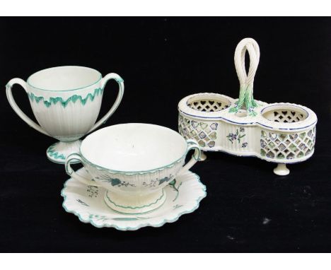A collection of late 18th Century Wedgwood creamware, to include:1. double bottle cruet stand, circa 1785, loop rope twist ha