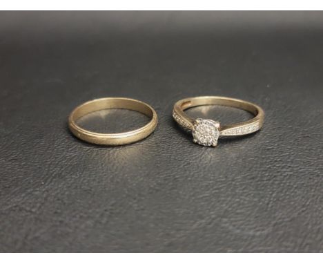TWO NINE CARAT GOLD RINGSthe illusion set diamond ring with diamond set shoulders and the band with decorative edges, total w