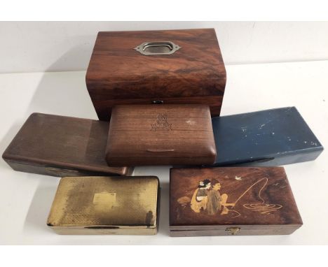SELECTION OF BOXEScomprising a teak cigarette box with the crest of the Royal Army Pay Corps, Indian teak pen box, three meta