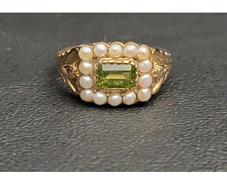 PERIDOT AND PEARL CLUSTER RING the central horizontally set rectangular cut peridot in a fourteen pearl surround, on a nine c