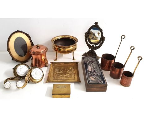 SELECTION OF METALWAREcomprising a copper tea caddy and caddy spoon marked 'DP', brass stamp box, two brass and enamel servan