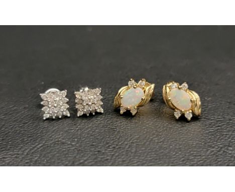 TWO PAIRS OF GEM SET EARRINGScomprising a pair of opal and diamond studs in fourteen carat gold, total weight approximately 2