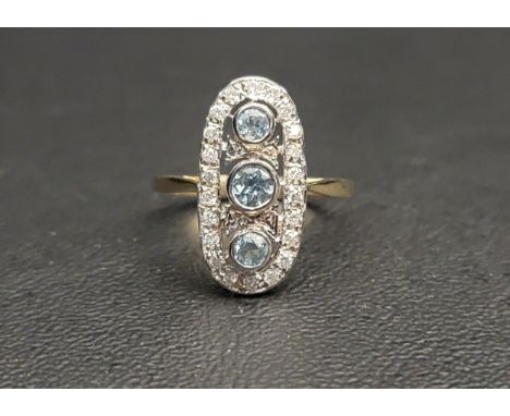 IMPRESSIVE ART DECO STYLE BLUE TOPAZ AND DIAMOND PLAQUE RINGthe three central vertically set graduated blue topaz in a pierce