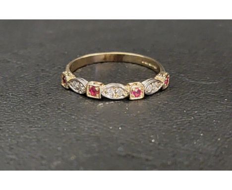 RUBY AND DIAMOND HALF ETERNITY RINGwith alternating rubies in square settings and double diamonds in marquise settings, on a 