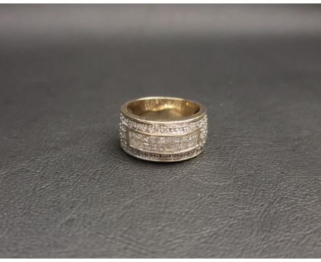 NINE CARAT GOLD THICK DIAMOND SET BANDthe central platform set with twenty princess cut diamonds, surrounded by round cut dia