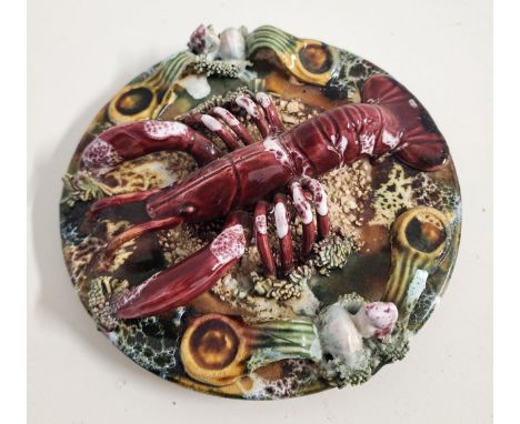 PORTUGUESE PALISSY MAJOLICA WALL PLATEdecorated with a lobster on the sea bed among coral, 19cm diameter 