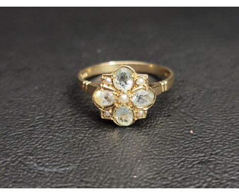 AQUAMARINE AND SEED PEARL CLUSTER RINGin nine carat gold, ring size O and approximately 2.1 grams 