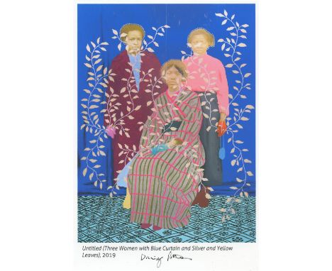 
	
		Daisy Patton
		Untitled (Three Women with Blue Curtain and Silver and Yellow Leaves), 2019, 2020
		Print on Paper
		Sign