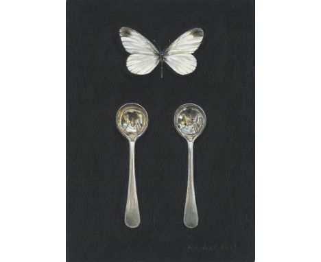
	
		Rachel Ross
		White Butterfly with Two Salt Spoons, 2021
		Acrylic on Board
		Signed recto, further signed verso
		15 x 