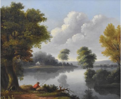 A 19th century English school oil on board, river scene with lone fisherman, unsigned, within a moulded gilt frame, 27cm x 31
