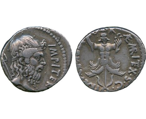 ANCIENT COINS, Roman, Sextus Pompey, Silver Denarius, minted in Sicily, struck 42 BC, [MAG PIVS] IMP ITER, head of Neptune fa