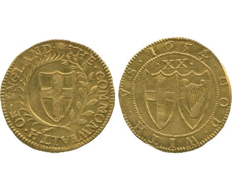 BRITISH COINS, Commonwealth, Gold Unite, 1654, 4 struck over 3, English shield within laurel and palm branch, initial mark su
