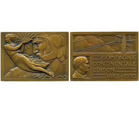 WORLD COMMEMORATIVE MEDALS, Compagnie Continentale Edison, 50th Anniversary, Bronze Plaquette, 1932, by Pierre Turin (1891-19