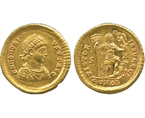 ANCIENT COINS, Roman, Honorius (AD 393-423), Gold Solidus, mint of Sirmium, struck AD 393-395, D N HONORIVS P F AVG, rosette-