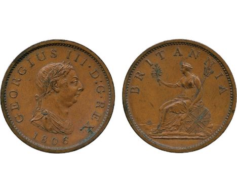 BRITISH COINS, George III, Penny, 1806, small laureate and draped bust right, incuse hair curl at neck, K. on drapery, date b