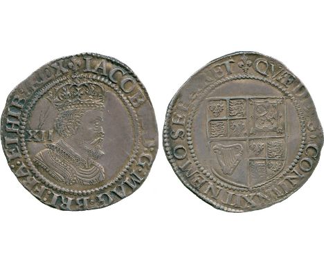 BRITISH COINS, James I, Silver Shilling, third coinage (1619-1625), sixth crowned bust right with value behind, inner and out