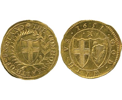 BRITISH COINS, Commonwealth, Gold Half-Unite or Double Crown, 1651, English shield within laurel and palm branch, no stops at