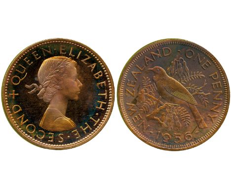 WORLD COINS, New Zealand, Elizabeth II, Bronze Proof Penny, 1956, bust right with shoulder strap, rev Tui bird (KM 24.2). In 