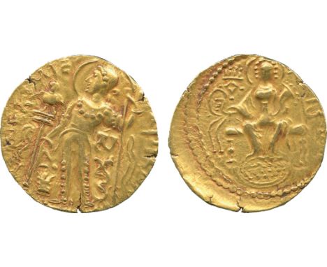 WORLD COINS, India, Gupta Empire, Samudragupta (c.335-380 AD), Gold Dinar, Standard type, SA-MU-DRA below arm of king standin