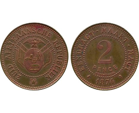 WORLD COINS, South Africa, Transvaal, Bronze Pattern 2-Penny, 1874, 10.02g (Hern T19). Uncirculated, rare.