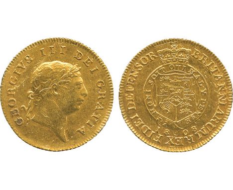 BRITISH COINS, George III, Gold ‘Military’ Half-Guinea, 1808, seventh laureate head right, rev quartered shield of arms with 