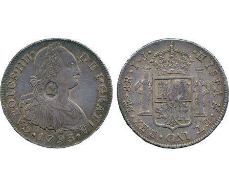 BRITISH COINS, George III (1760-1820), Oval Countermark on Lima mint, Peru Silver 8-Reales of Charles IV of Spain, 1793 IJ (E