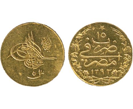 ISLAMIC COINS, Ottoman, Abdul Hamid II (1293-1327h), Gold 5-Qirsh, 1293/15h (1889), rev legend with wreath (KM A299).  Traces