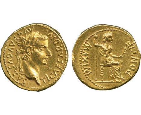 ANCIENT COINS, Roman, Tiberius (AD 14-37), Gold Aureus, mint of Lugdunum, TI CAESAR DIVI AVG F AVGVSTVS, laureate head facing