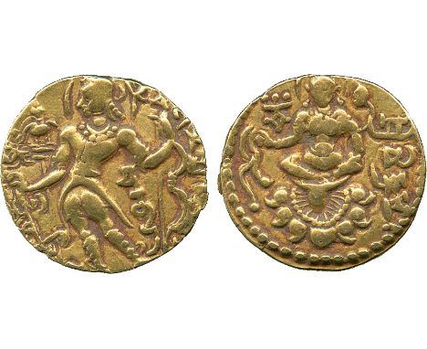 WORLD COINS, India, Gupta Empire, Chandragupta II (380-414 AD), Gold Dinar, Archer type, class II, CHANDRA below arm of king 