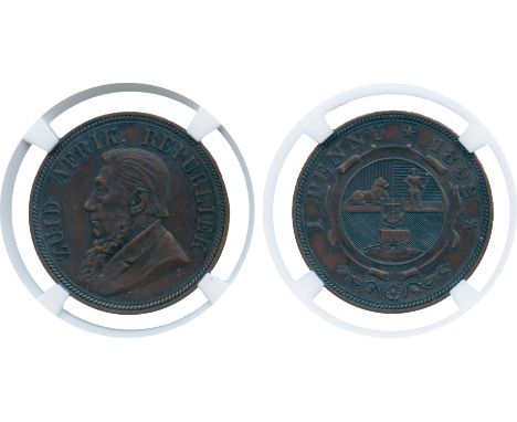 WORLD COINS, South Africa, ZAR, Paul Kruger, Bronze Penny, 1892 (KM 2). In NGC holder graded AU55BN.