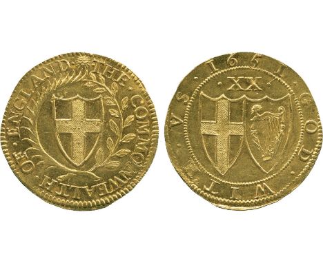 BRITISH COINS, Commonwealth (1649-1660), Gold Unite, 1651, English shield within laurel and palm branch, initial mark sun, .t