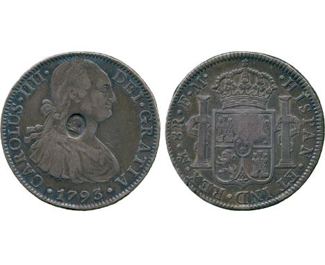BRITISH COINS, George III, Oval Countermark on Mexico City mint, Mexico Silver 8-Reales of Charles IV of Spain, 1793 FM (ESC 