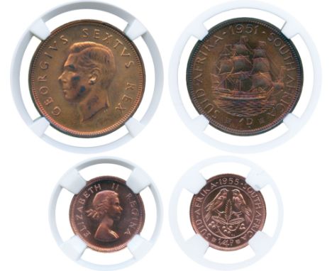 WORLD COINS, South Africa, George VI, Bronze Proof Penny, 1951 (KM 34.2); Elizabeth II, Bronze Proof Farthing, 1955 (KM 44). 