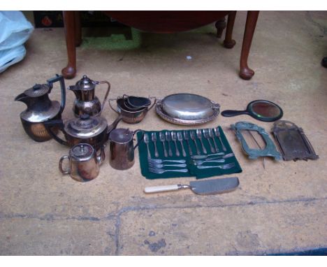 Mixed lot including frames, a hand mirror, tea service, loose cutlery etc.