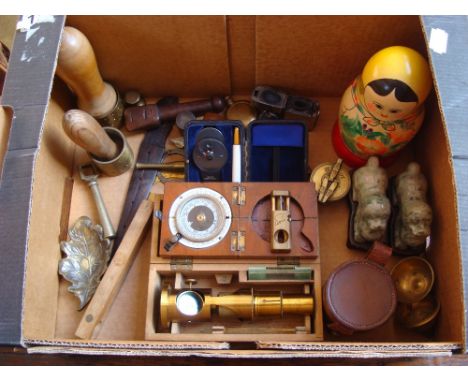 A mixed lot to include a cased WWI compass by F.Barker and sons, an Evercut Swiss cigar cutter, a cased brass students micros