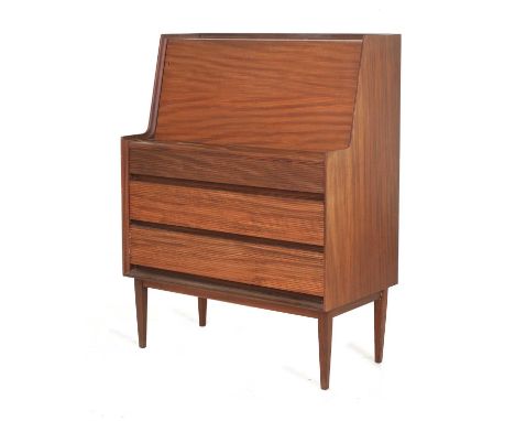 An afrormosia bureau, designed by Richard Hornby for Fyne Ladye Furniture, the fall front revealing pigeonholes and two centr