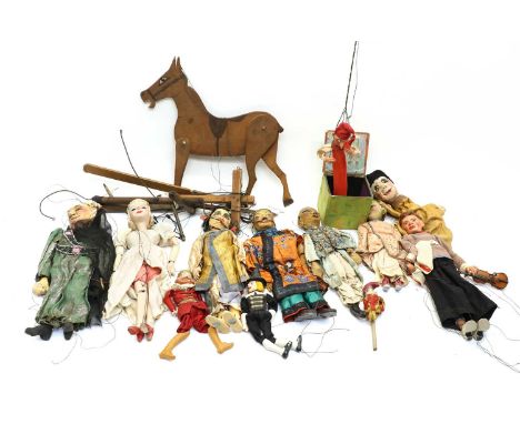 The Jacquard Puppets,eight miscellaneous string puppets, including a violinist, a jack-in-a-box, a peg puppet,two smaller cer