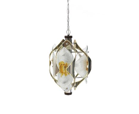 An Italian pendant light,1970s, of trefoil form, with a chromed central column, with three fold-over square brass mounts, eac