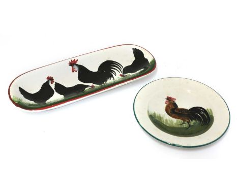 A Wemyss 'cockerel and hen' dish, of oblong form, inscribed 'Wemyss', 24.5cm wide, anda 'cockerel' plate,inscribed 'Wemyss T 