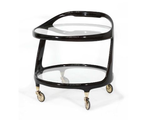 An Italian modernist lacquered mahogany drinks trolley,1950s, designed by Cesare Lacca, of two-tiered construction with a swe