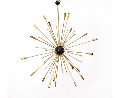An Italian brass and enamelled hanging 'Sputnik' ceiling light,with twenty-four light branches and twenty-four glass-mounted 