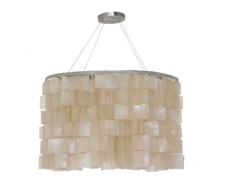 A Capiz shell ceiling light,1960s, mounted with five concentric rings of hanging Capiz shell pendants, 53cm diameter63cm high