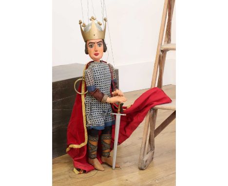 The Jacquard Puppets,a large carved wooden puppet of 'William the Conqueror', finely clothed with velvet cloak, fabric 'chain